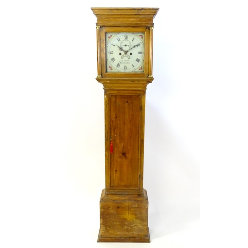 1302 - An 19thC pine longcase clock with 8-day movement,  painted dial with Roman and Arabic numerals, subs... 