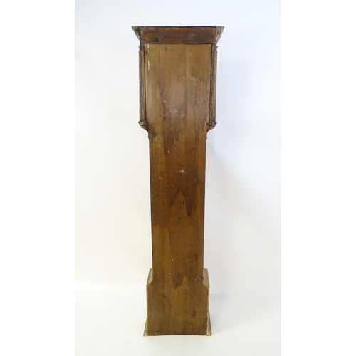 1302 - An 19thC pine longcase clock with 8-day movement,  painted dial with Roman and Arabic numerals, subs... 