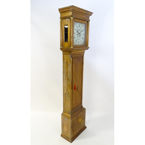 1302 - An 19thC pine longcase clock with 8-day movement,  painted dial with Roman and Arabic numerals, subs... 