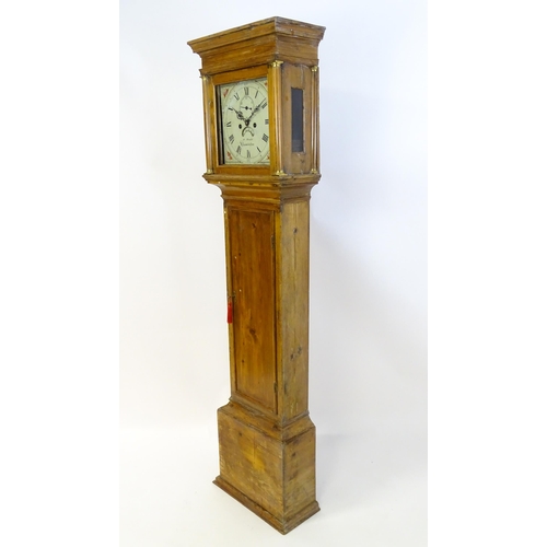 1302 - An 19thC pine longcase clock with 8-day movement,  painted dial with Roman and Arabic numerals, subs... 