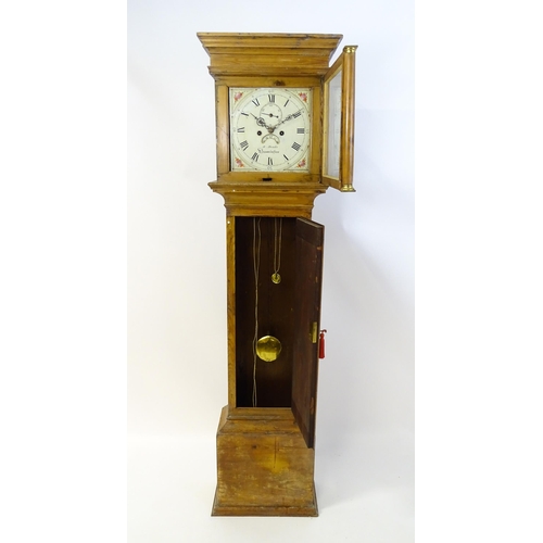 1302 - An 19thC pine longcase clock with 8-day movement,  painted dial with Roman and Arabic numerals, subs... 