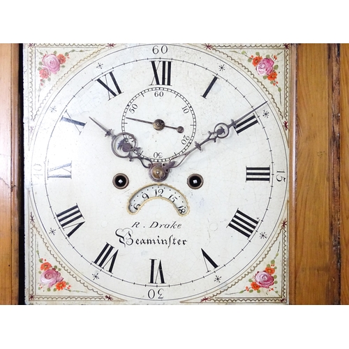 1302 - An 19thC pine longcase clock with 8-day movement,  painted dial with Roman and Arabic numerals, subs... 