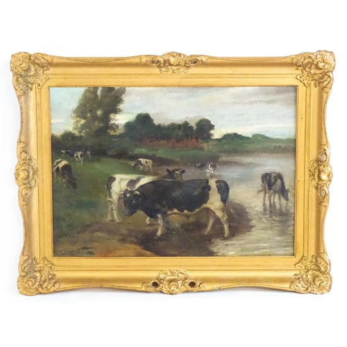 1467 - Christoph Kleinsang, Early 20th century, Oil on canvas laid on board, Cattle watering in a river lan... 