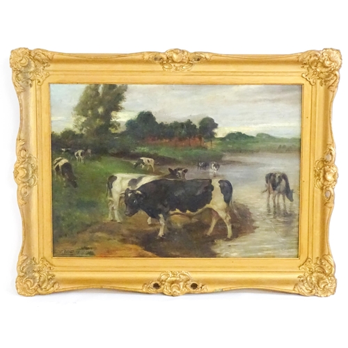 1467 - Christoph Kleinsang, Early 20th century, Oil on canvas laid on board, Cattle watering in a river lan... 