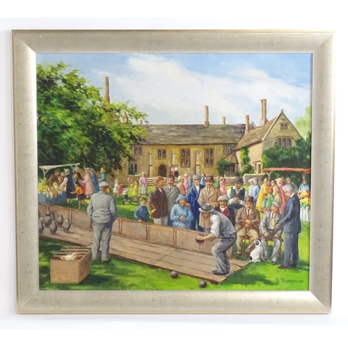 1476 - Q. Thompson, Late 20th / early 21st century, Acrylic on canvas board, The Village Fete at Croft Hall... 