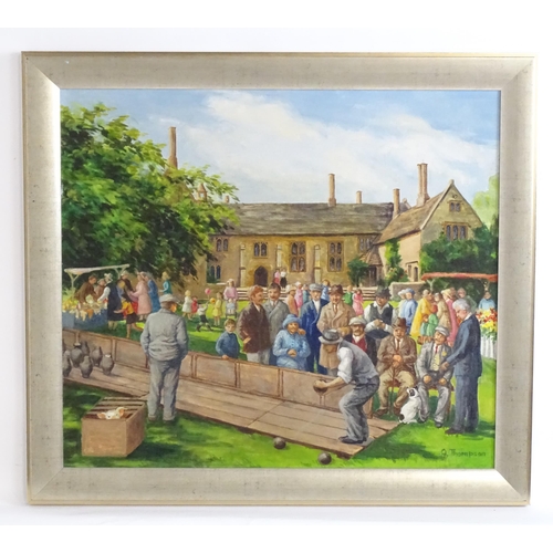 1476 - Q. Thompson, Late 20th / early 21st century, Acrylic on canvas board, The Village Fete at Croft Hall... 