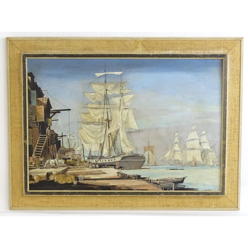 1479 - After Rowland Hilder (1905-1993), Oil on board, In the Days of Sail, Tall ships at the harbour. Appr... 