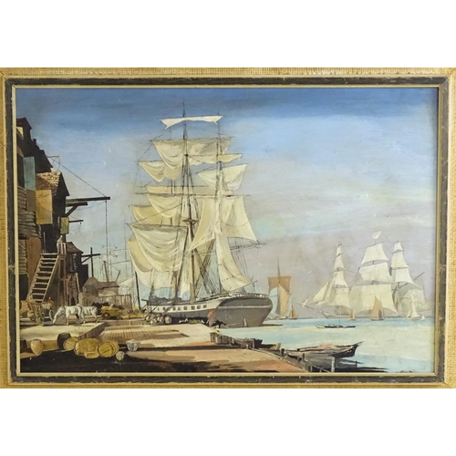 1479 - After Rowland Hilder (1905-1993), Oil on board, In the Days of Sail, Tall ships at the harbour. Appr... 