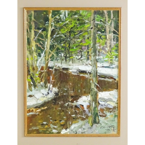 1480 - Edgar Vinter (1919-2014), Latvian School, Oil on board, Woodland river landscape with snow. Signed a... 