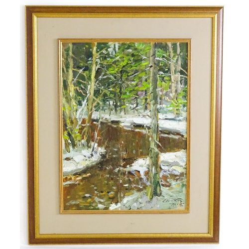 1480 - Edgar Vinter (1919-2014), Latvian School, Oil on board, Woodland river landscape with snow. Signed a... 