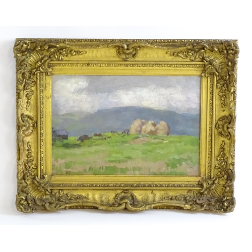 1486 - David Foggie (1878-1948), Scottish School, Oil on board, Haystacks in a Scottish landscape. Signed w... 