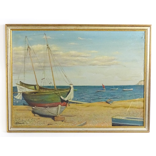 1491 - S. Delmonte, Oil on canvas board, A coastal scene with boats on the beach. Signed lower left. Approx... 