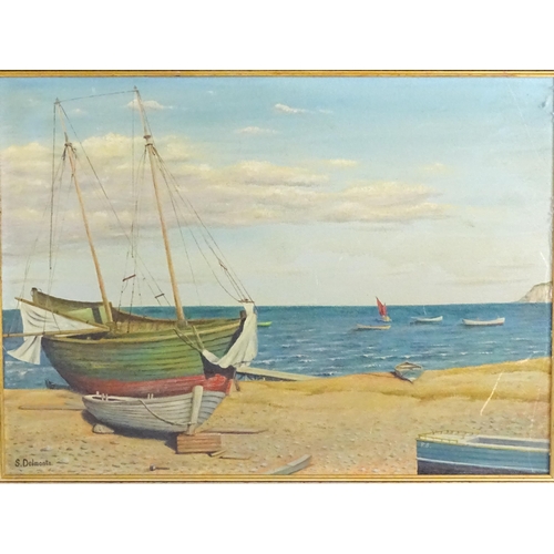 1491 - S. Delmonte, Oil on canvas board, A coastal scene with boats on the beach. Signed lower left. Approx... 