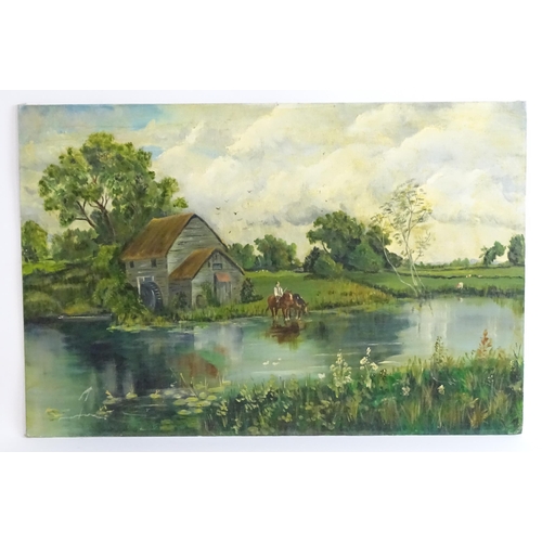 1493 - 20th century, English School, Oil on board, A landscape scene with a watermill and horses watering. ... 