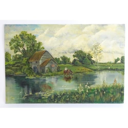 1493 - 20th century, English School, Oil on board, A landscape scene with a watermill and horses watering. ... 