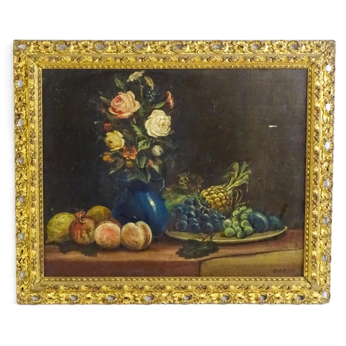 1496 - Early 20th century, Oil on board, A still life study with flowers in a twin handled vase and fruit o... 