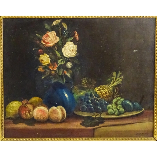 1496 - Early 20th century, Oil on board, A still life study with flowers in a twin handled vase and fruit o... 