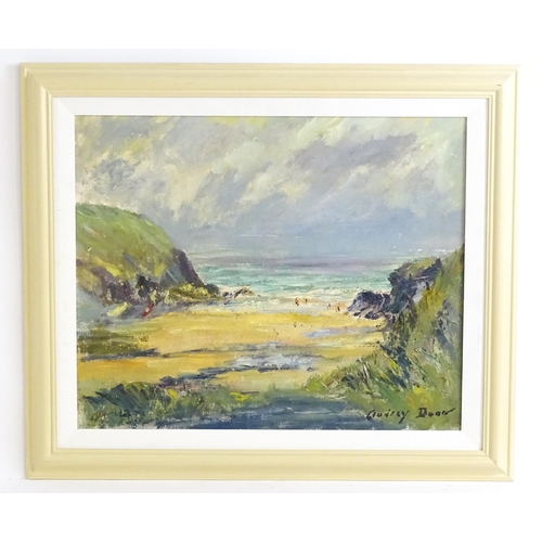 1498 - Audrey Dean, 20th century, Oil on board, Cornish Cove, A beach scene with figures. Signed lower righ... 