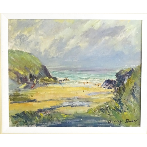 1498 - Audrey Dean, 20th century, Oil on board, Cornish Cove, A beach scene with figures. Signed lower righ... 