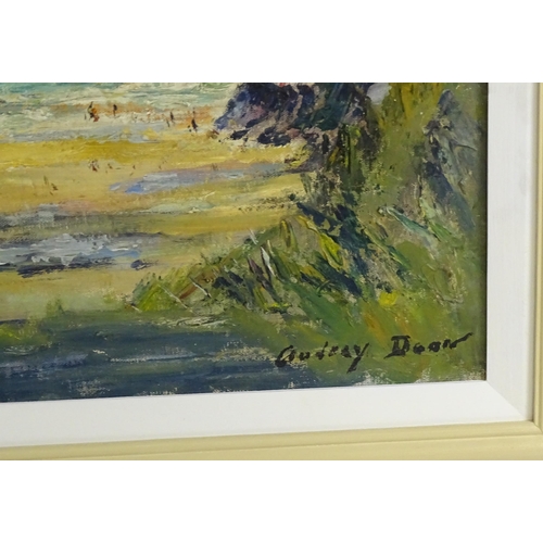 1498 - Audrey Dean, 20th century, Oil on board, Cornish Cove, A beach scene with figures. Signed lower righ... 