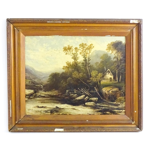 1502 - 19th century, English School, Oil on board, A mountain river landscape with a cottage. Approx. 18