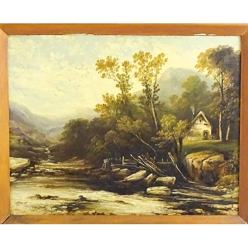 1502 - 19th century, English School, Oil on board, A mountain river landscape with a cottage. Approx. 18