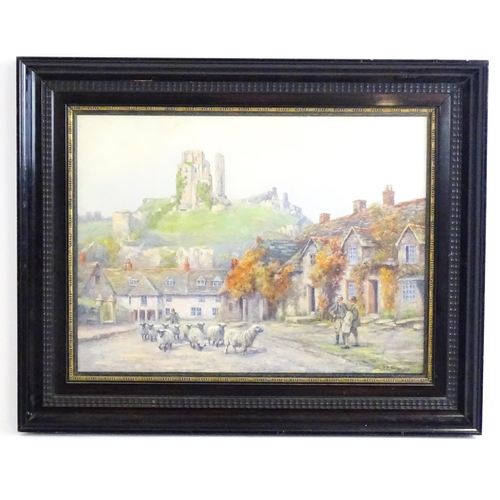 1503 - Arthur E. Toope (1884-1954), Oil on canvas, Corfe Castle, Dorset, A view of the village with gentlem... 