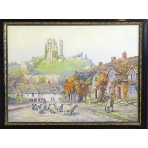 1503 - Arthur E. Toope (1884-1954), Oil on canvas, Corfe Castle, Dorset, A view of the village with gentlem... 