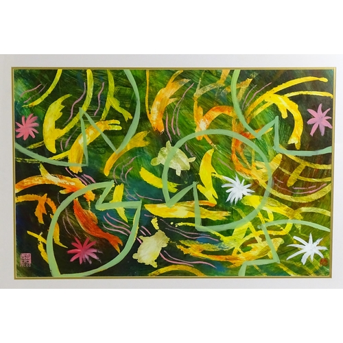 1504 - Michael Courtney, 21st century, Oil on board, An abstract composition depicting koi carp / fish swim... 