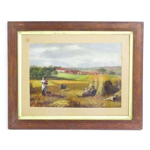 1508 - Fred W. Marston, Oil on canvas laid on board, A harvest scene with figures resting. Signed and dated... 