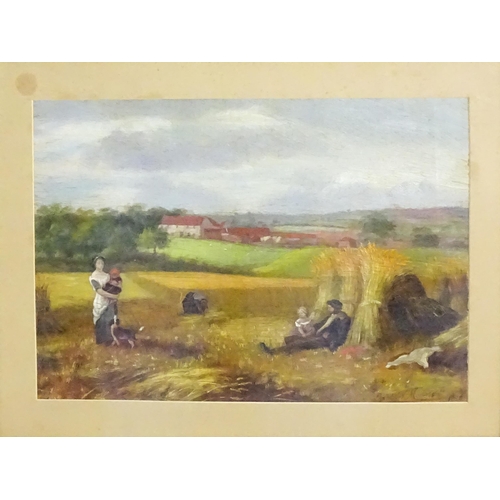 1508 - Fred W. Marston, Oil on canvas laid on board, A harvest scene with figures resting. Signed and dated... 