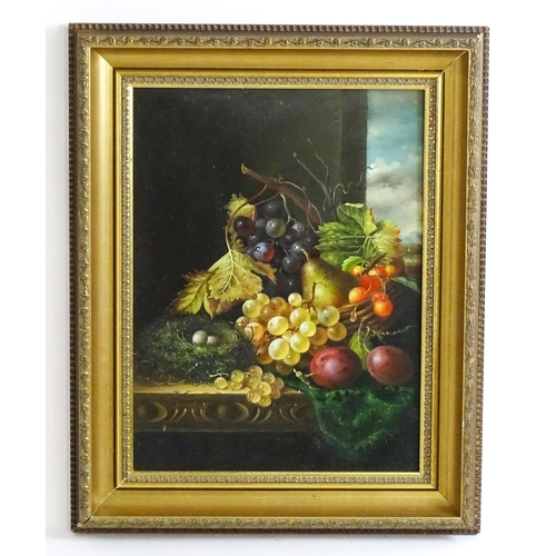 1509 - Manner of Edward Ladell, 20th century, Oil on board, A still life study with fruit and a nest on a t... 