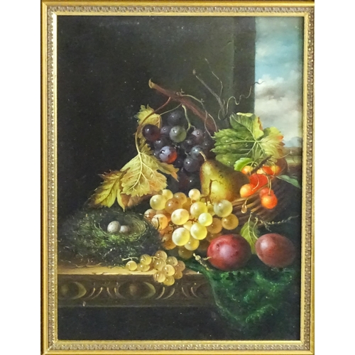 1509 - Manner of Edward Ladell, 20th century, Oil on board, A still life study with fruit and a nest on a t... 