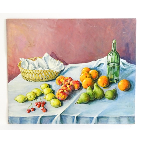 1514 - H. Mason, 20th century, Oil on board, A still life study with fruit, basket and bottle. Signed lower... 