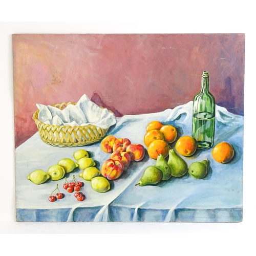 1514 - H. Mason, 20th century, Oil on board, A still life study with fruit, basket and bottle. Signed lower... 