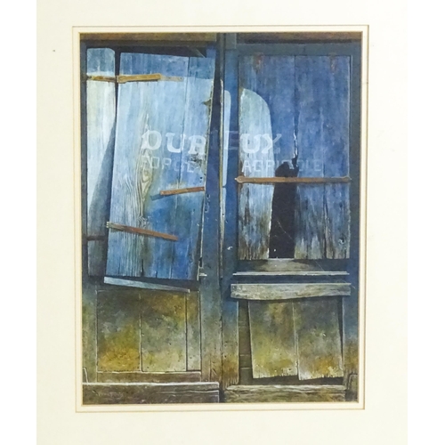 1521 - Peter Evans (b.1943), Acrylic on board, Blue Doors. Signed lower left and ascribed to label verso. A... 