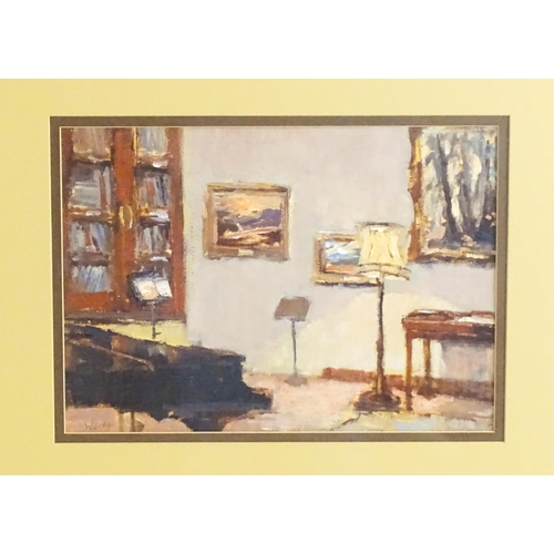 1522 - W. Davies, 20th century, Oil on card, An interior scene with piano, music stands and paintings on th... 