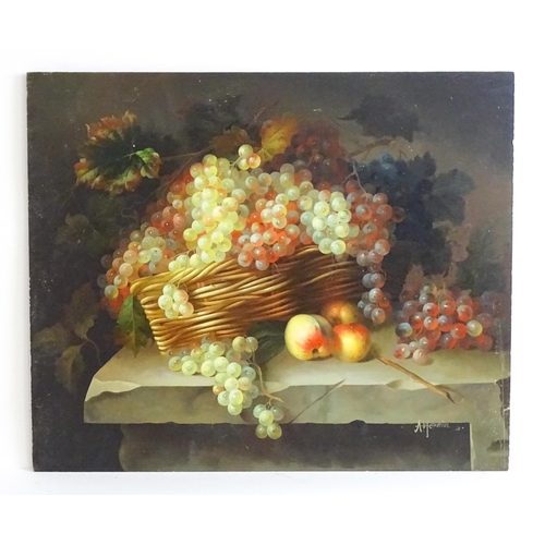 1524 - Artemis, 20th century, Continental School, Oil on board, A still life study with grapes in a basket ... 