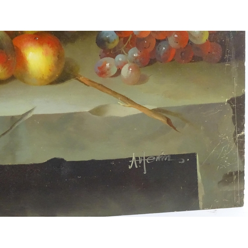 1524 - Artemis, 20th century, Continental School, Oil on board, A still life study with grapes in a basket ... 