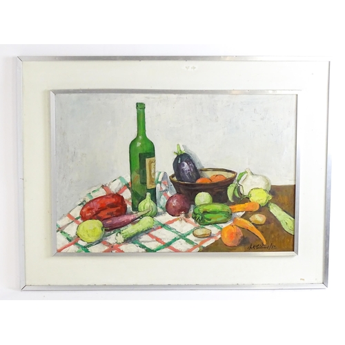 1535 - Peter Collins (1923-2001), Oil on board, A still life study with vegetables and a green glass bottle... 