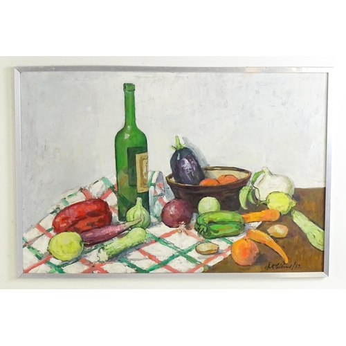 1535 - Peter Collins (1923-2001), Oil on board, A still life study with vegetables and a green glass bottle... 