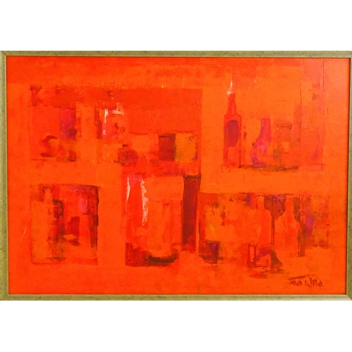 1537 - Jan Wild, 20th century, Acrylic on board, Still Life in Red, Abstract. Signed lower right and titled... 