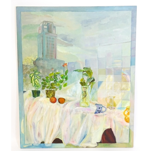 1539 - Aurora B, 21st century, Oil on canvas, Untitled, Plants and jugs on a windowsill with city skyrise b... 