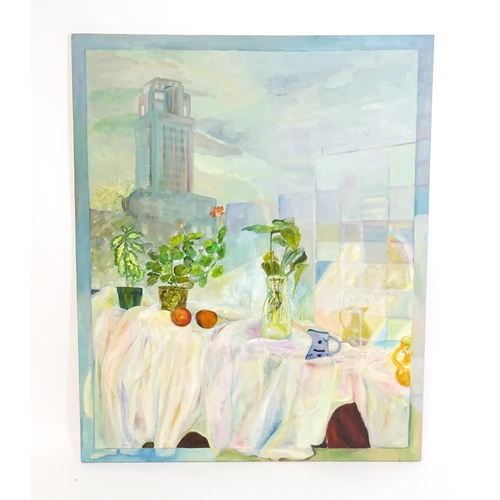 1539 - Aurora B, 21st century, Oil on canvas, Untitled, Plants and jugs on a windowsill with city skyrise b... 