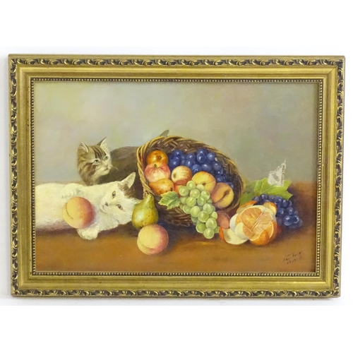 1541 - 20th century, Continental School, Oil on canvas, A still life study with two kittens and a basket of... 