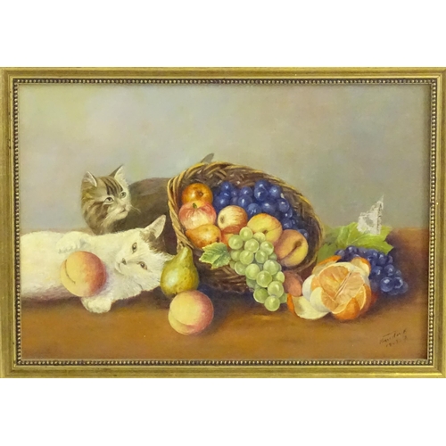 1541 - 20th century, Continental School, Oil on canvas, A still life study with two kittens and a basket of... 