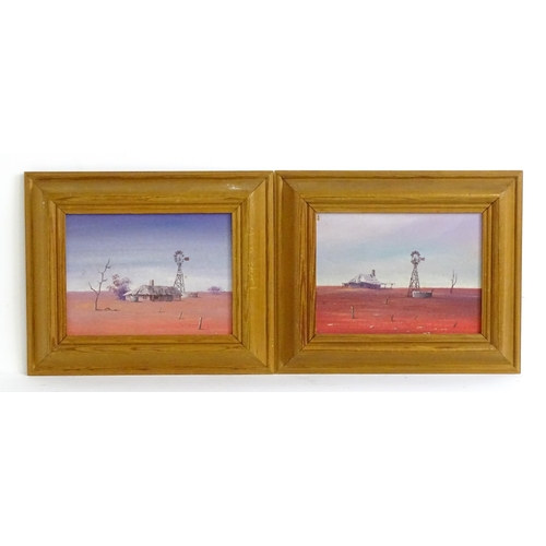 1545 - 20th century, Oils on board, Two landscape scenes depicting Australian outback desert buildings  wit... 