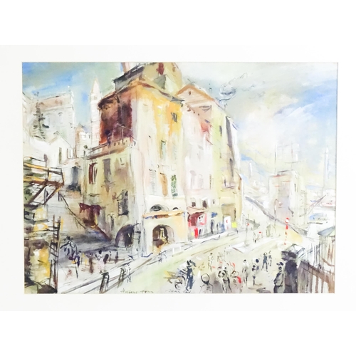 1607 - Joseph Cail, 20th century, Watercolour and ink, Harbour Town, A Continental street scene with figure... 