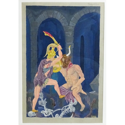 1624 - Ronald William (Josh) Kirby (1928-2001), Watercolour, Theseus and the Minotaur, signed R KIRBY and d... 