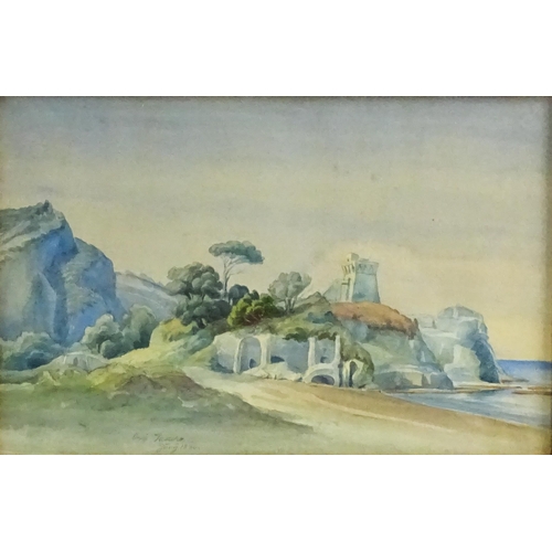 1630 - 19th century, Continental School, Watercolour, A coastal scene with a squared tower. Indistinctly si... 